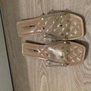 Fashion Nova Clear and Tan Studded Sandals